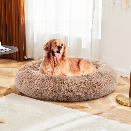MCQ Round Faux Fur Plush Dog Bed Anti-Slip Bed Machine Washable Cuddler Warming Cozy Fluffy Faux Fur Plush Round Pet Bed for Indoor