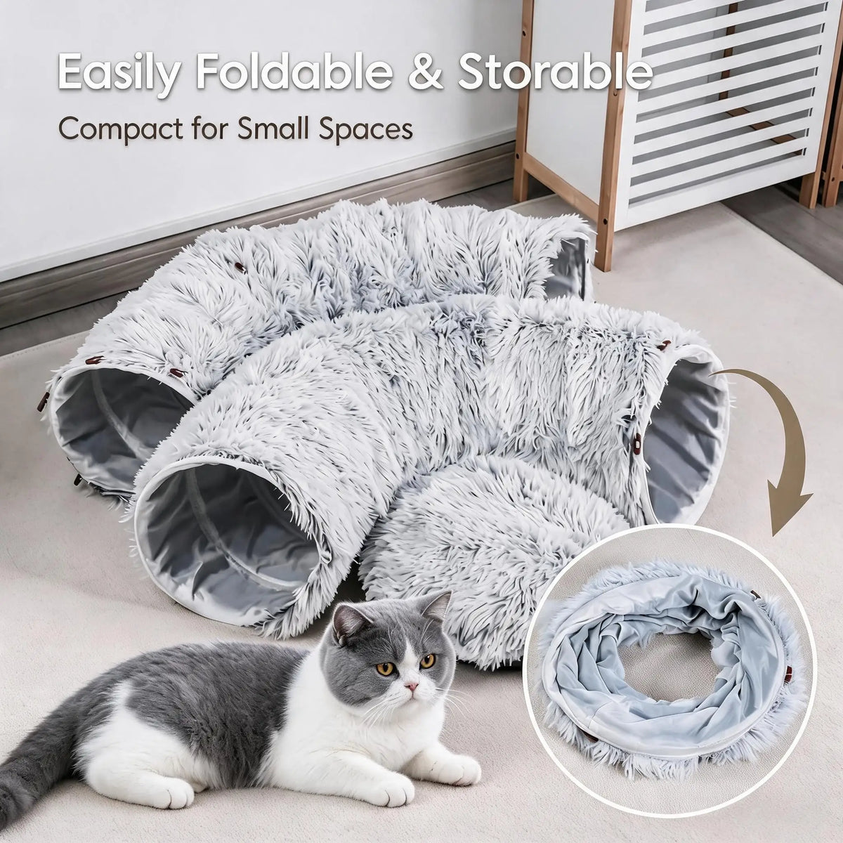 Large Cat Tunnel Bed with 12 Toys, 2-in-1 Donut Plush Cat Cave Tube, Collapsible Grey Cat Tunnel for Indoor Cats, Kitten Play & Rest