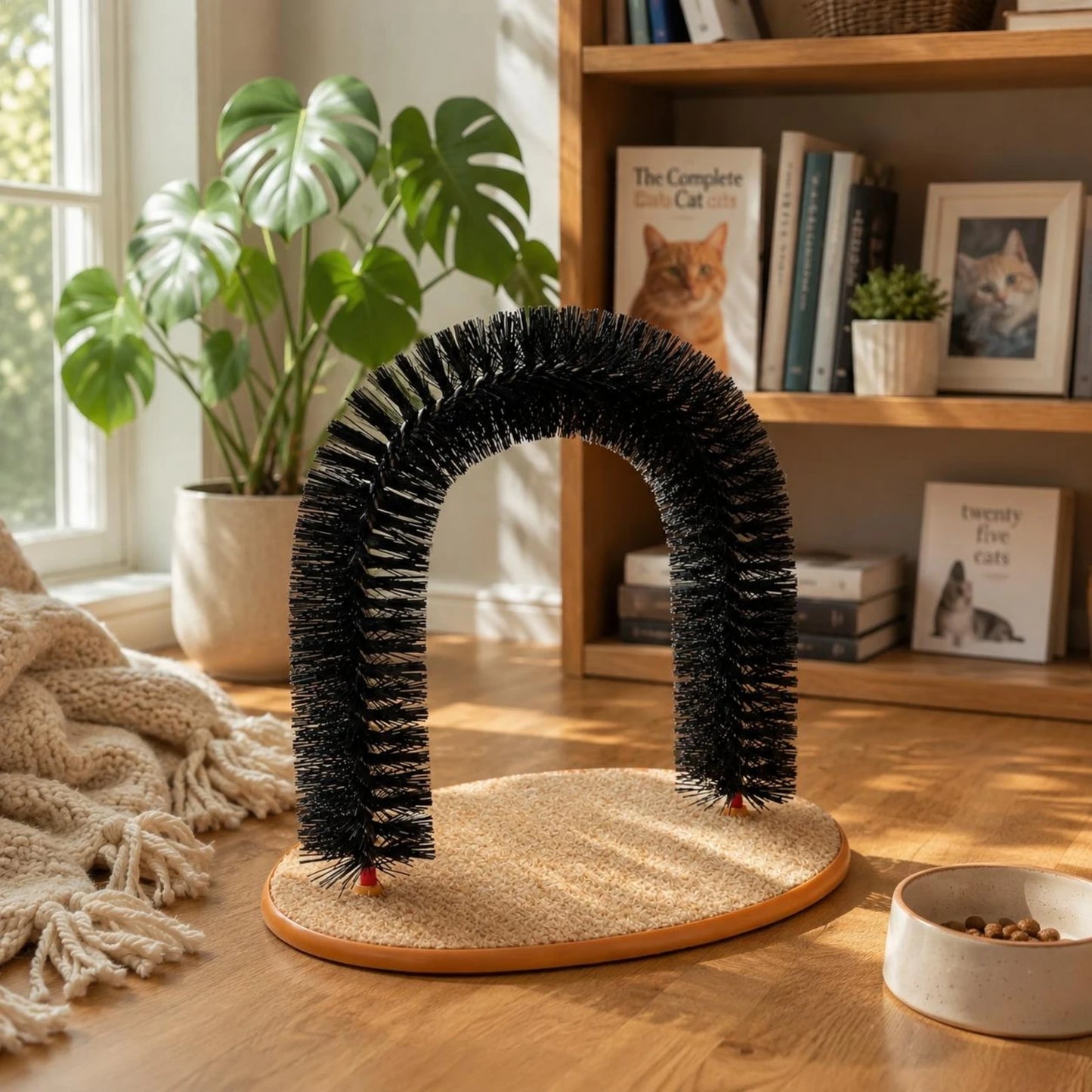 Feline Arch Scratcher Dense Bristles Feline Grooming Arch Bristle Scratcher Orange-Edged Rim Pet Accessory 3 in 1
