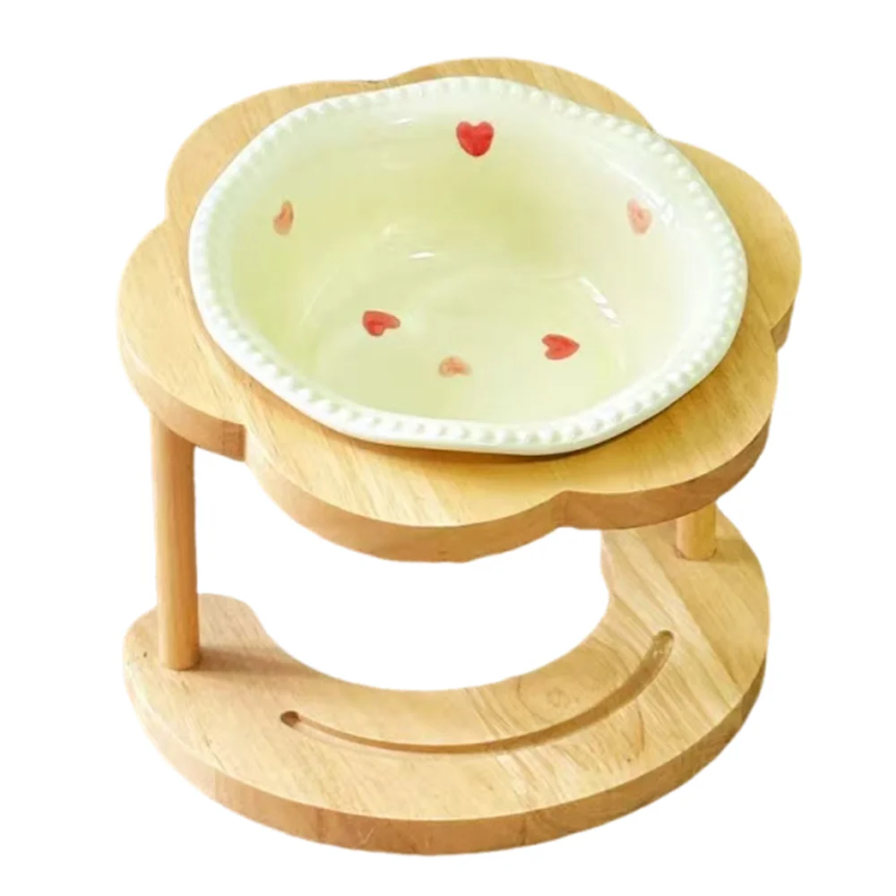 Anti Vomiting Ceramic Cat Bowl 15 Degree Inclined Anti Slip Cat Feeding Station Flower Shaped with Wooden Stand