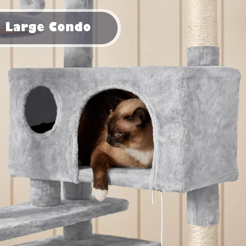 Cat Tree Cat Tower w/Scratching Posts, Double Condos and Dangling Balls Kittens Pet House Play, Light Gray