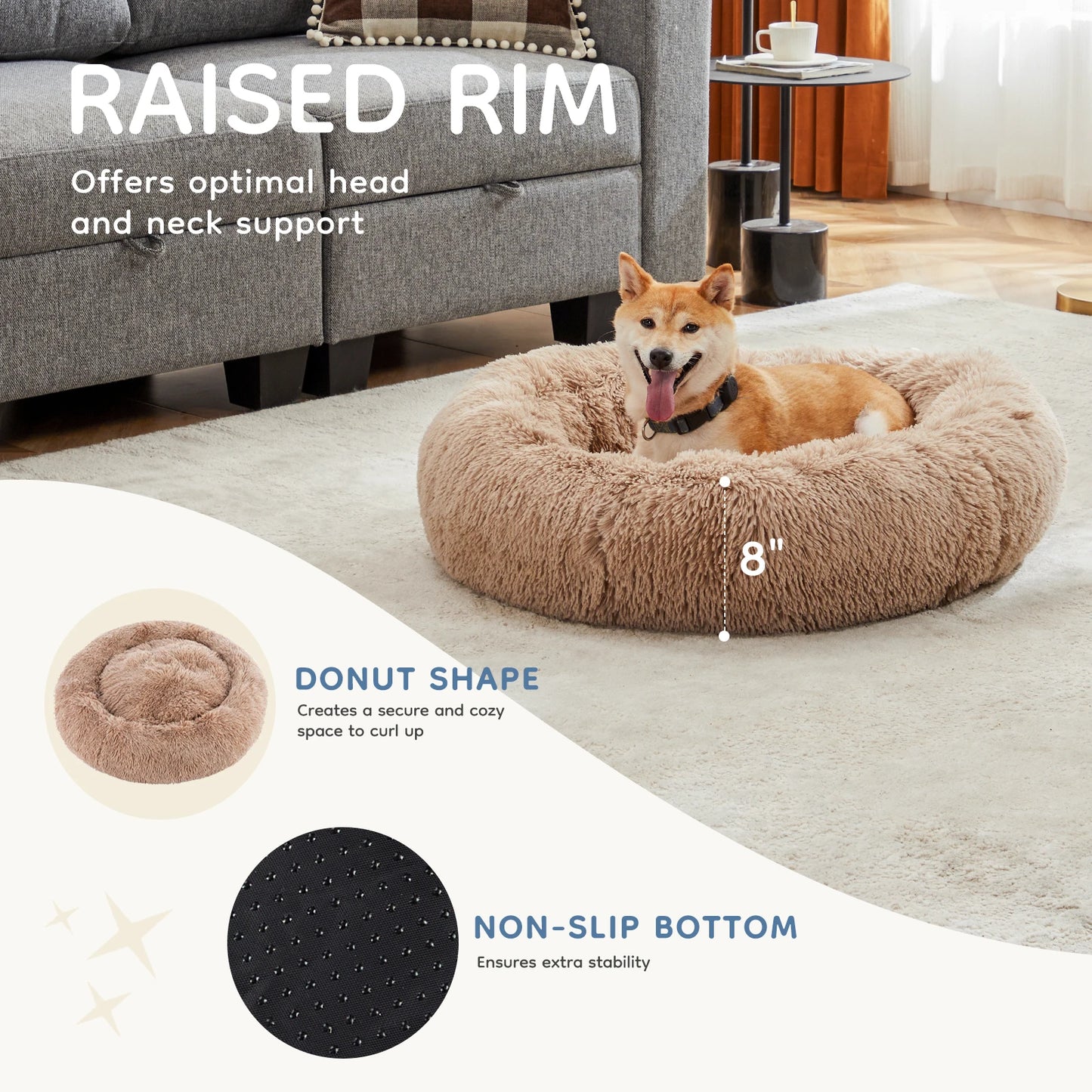 MCQ Round Faux Fur Plush Dog Bed Anti-Slip Bed Machine Washable Cuddler Warming Cozy Fluffy Faux Fur Plush Round Pet Bed for Indoor