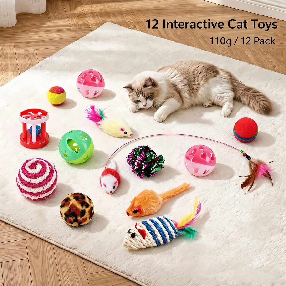 Large Cat Tunnel Bed with 12 Toys, 2-in-1 Donut Plush Cat Cave Tube, Collapsible Grey Cat Tunnel for Indoor Cats, Kitten Play & Rest