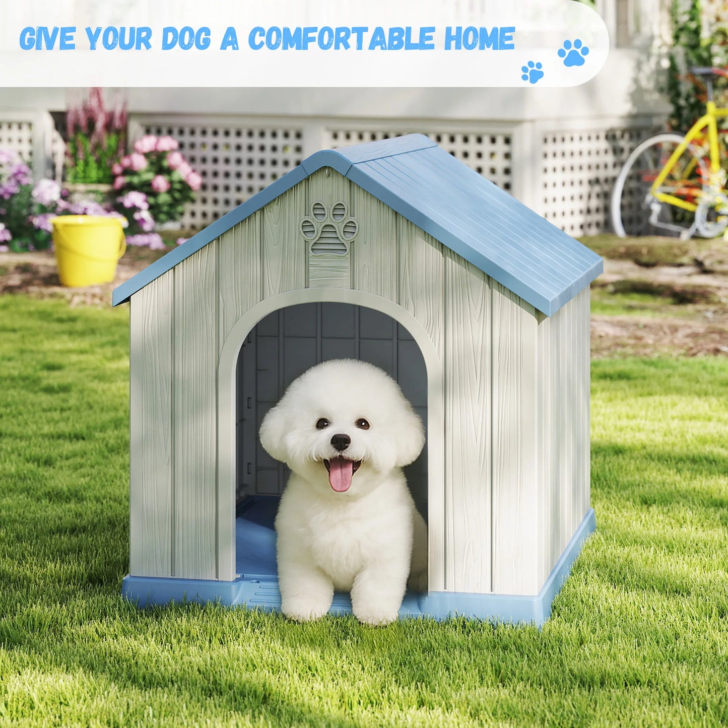 Small Basic Plastic Dog House, Weatherproof Indoor Outdoor Pet Shelter for Small Dogs