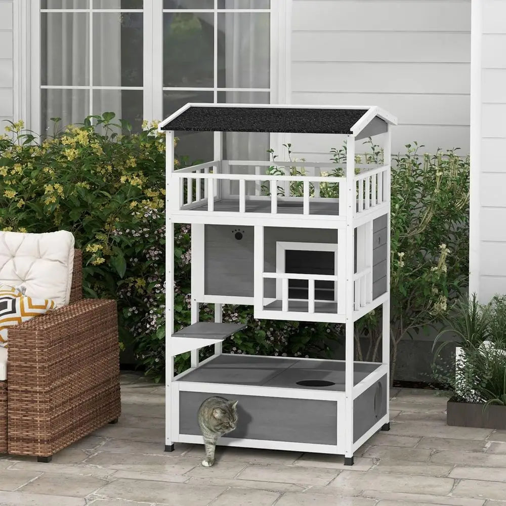 Gray Outdoor Cat Shelter with Roof, Condo, and Jumping Platform