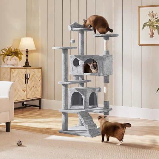 Cat Tree Cat Tower w/Scratching Posts, Double Condos and Dangling Balls Kittens Pet House Play, Light Gray