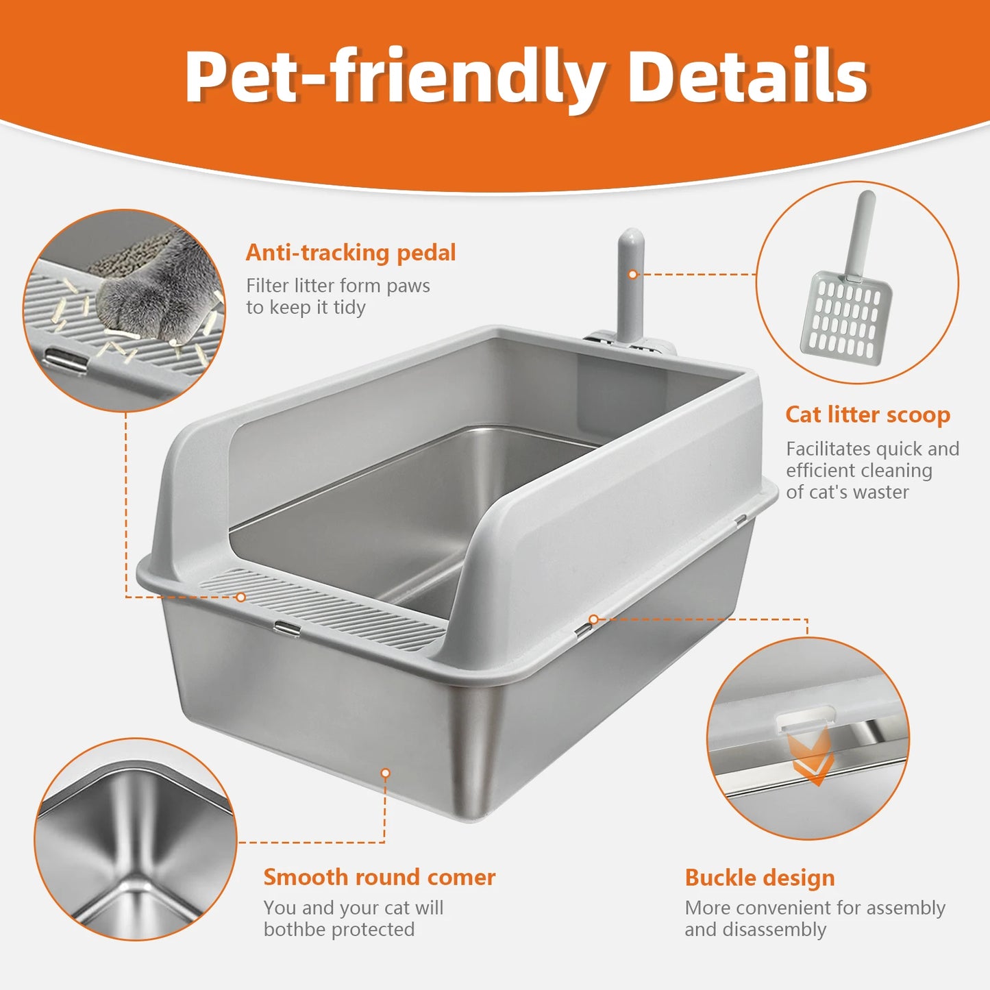 Stainless Steel Cat Litter Box Semi Open High Sided Cat Litter Pan Easy Clean