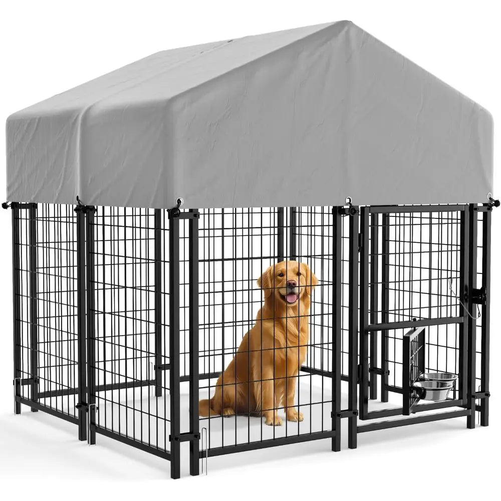 Sturdy Steel Outdoor Dog Kennel with Lockable Door, Weather-Resistant Roof, and Rotating Bowls for Various Dog Sizes