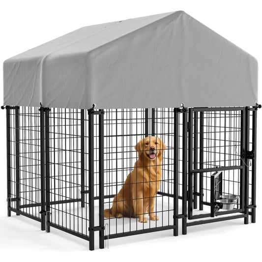 Sturdy Steel Outdoor Dog Kennel with Lockable Door, Weather-Resistant Roof, and Rotating Bowls for Various Dog Sizes