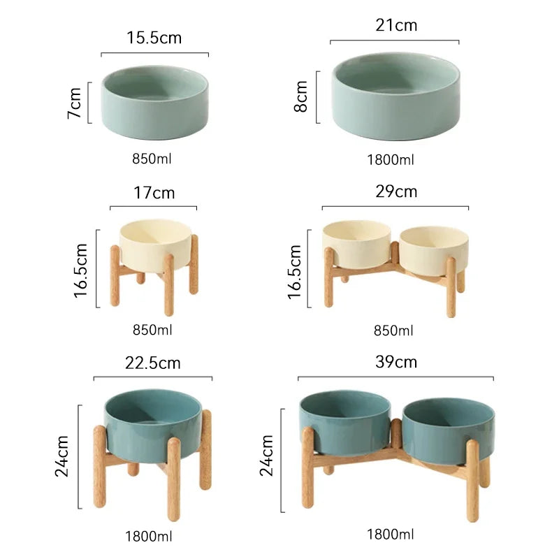 Big Dogs Bowl Double Ceramic Elevated Pet Food Water Bowl Small Medium Large Dog Feeding Supplies with Wooden Stand