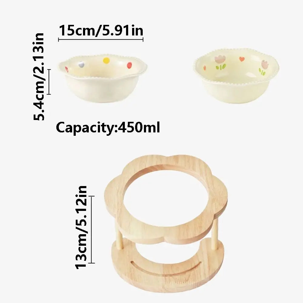Anti Vomiting Ceramic Cat Bowl 15 Degree Inclined Anti Slip Cat Feeding Station Flower Shaped with Wooden Stand