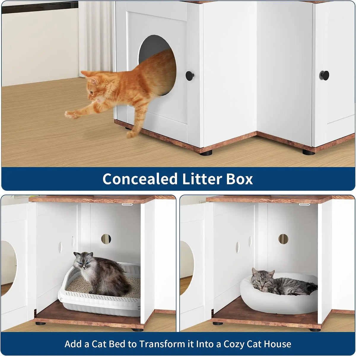 Garvee Wood L-Shaped Cat Corner Shelf Scratching Post & Play Tower 2 in 1 Wood Cat Activity Tree with Hanging Balls, Space-Saving  w/Storage Cabinet