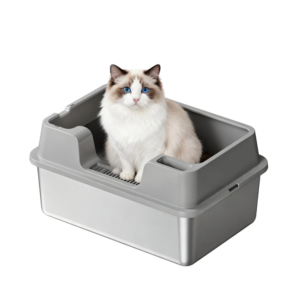 Stainless Steel Cat Litter Box, Semi-Enclosed Cat Litter Tray, Anti-Splash High Sided Cat Litter Box, Non-Sticky, Easy Cleaning