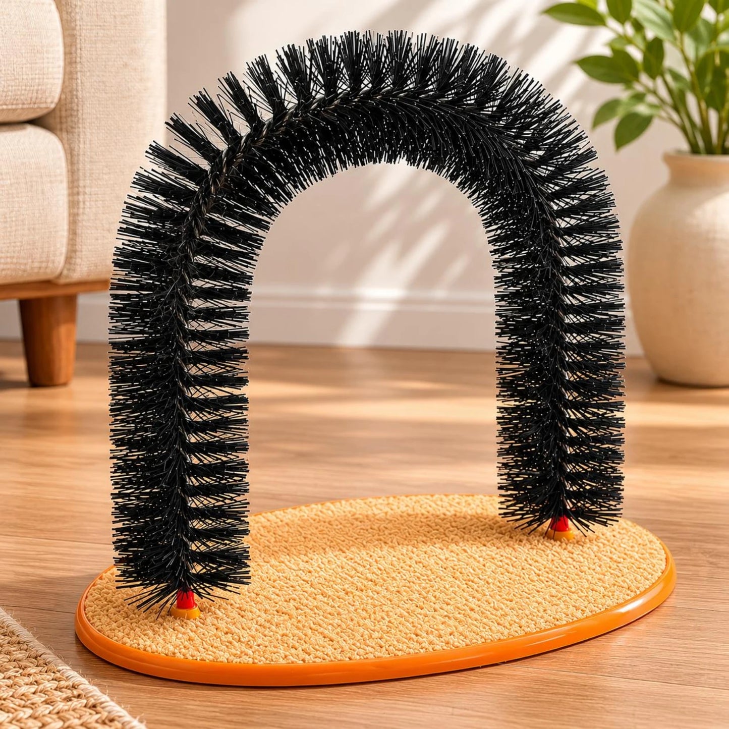 Feline Arch Scratcher Dense Bristles Feline Grooming Arch Bristle Scratcher Orange-Edged Rim Pet Accessory 3 in 1