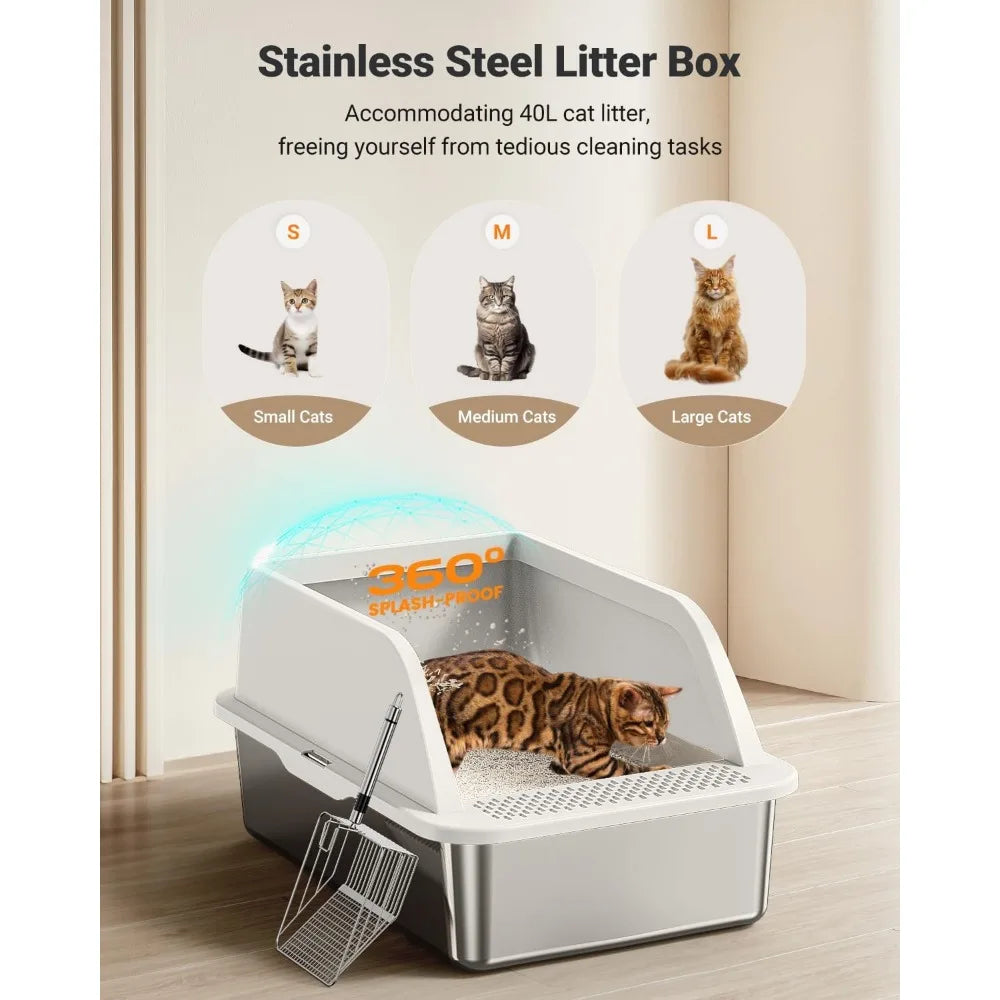 Extra Large High Sided Metal Litter Box with Lid Easy Clean Mat and Scoop for Big Cats Anti Leak White