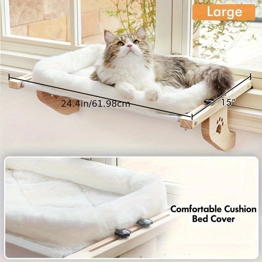 Cat Window Sill, Cat Window Hammock, Suitable for Indoor Cats, Wooden and Metal Frame, Easy to Adjust Window Sill, Bedside