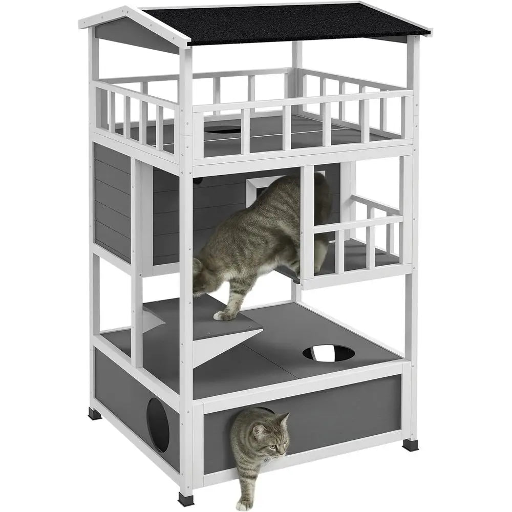 Gray Outdoor Cat Shelter with Roof, Condo, and Jumping Platform