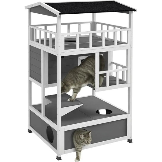 Gray Outdoor Cat Shelter with Roof, Condo, and Jumping Platform