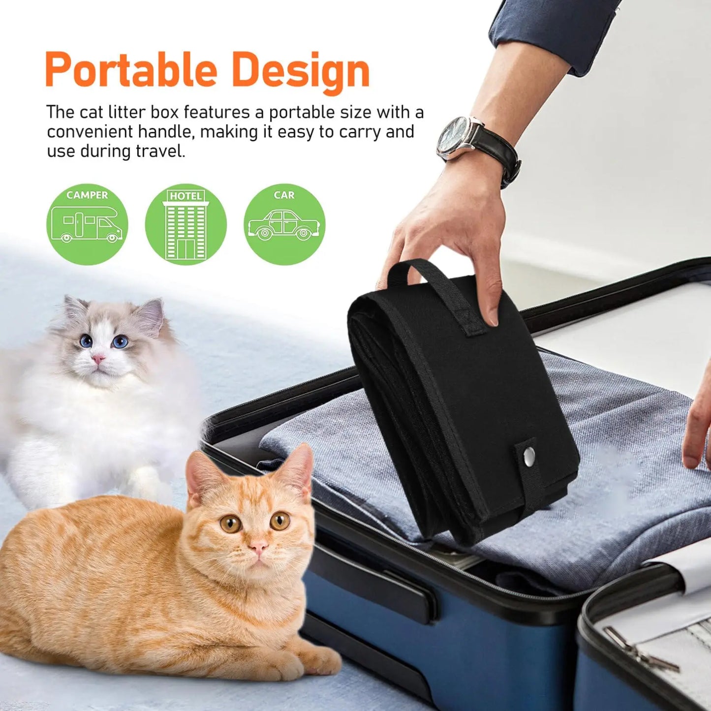 Foldable Portable Travel Cat Litter Box Large Capacity Zipper Closure Waterproof Pet Toilet With Handle For Outdoor Road Trips Camping