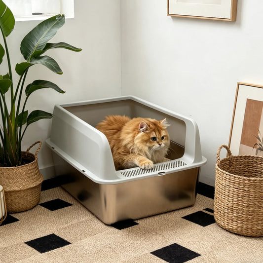Stainless Steel Cat Litter Box Semi Open High Sided Cat Litter Pan Easy Clean