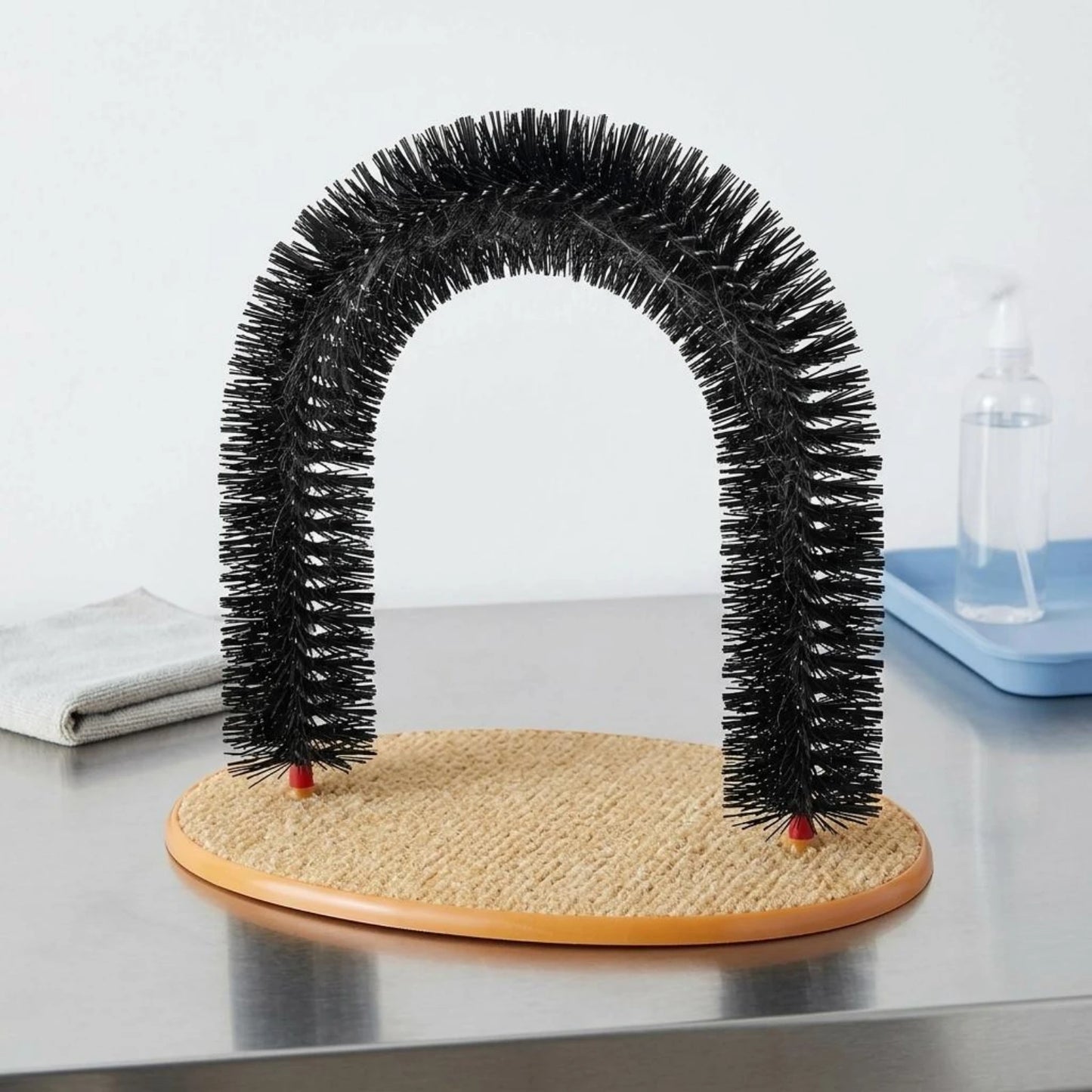 Feline Arch Scratcher Dense Bristles Feline Grooming Arch Bristle Scratcher Orange-Edged Rim Pet Accessory 3 in 1