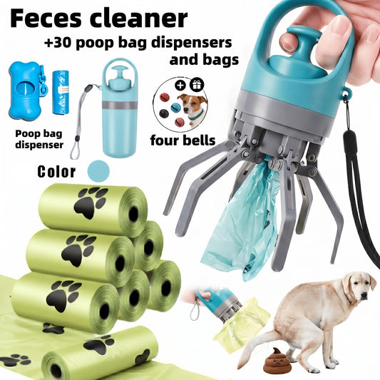 Portable Touch-Free Dog Poop Scooper, Comes with 30 Poop Bags + 1 Random-Color Poop Bag Dispenser, Leak-Proof Waste Container & 4 Anti-Lost Bells – Hands-Free Poop Picking Tool for Small, Medium and Large Dogs, Specially De