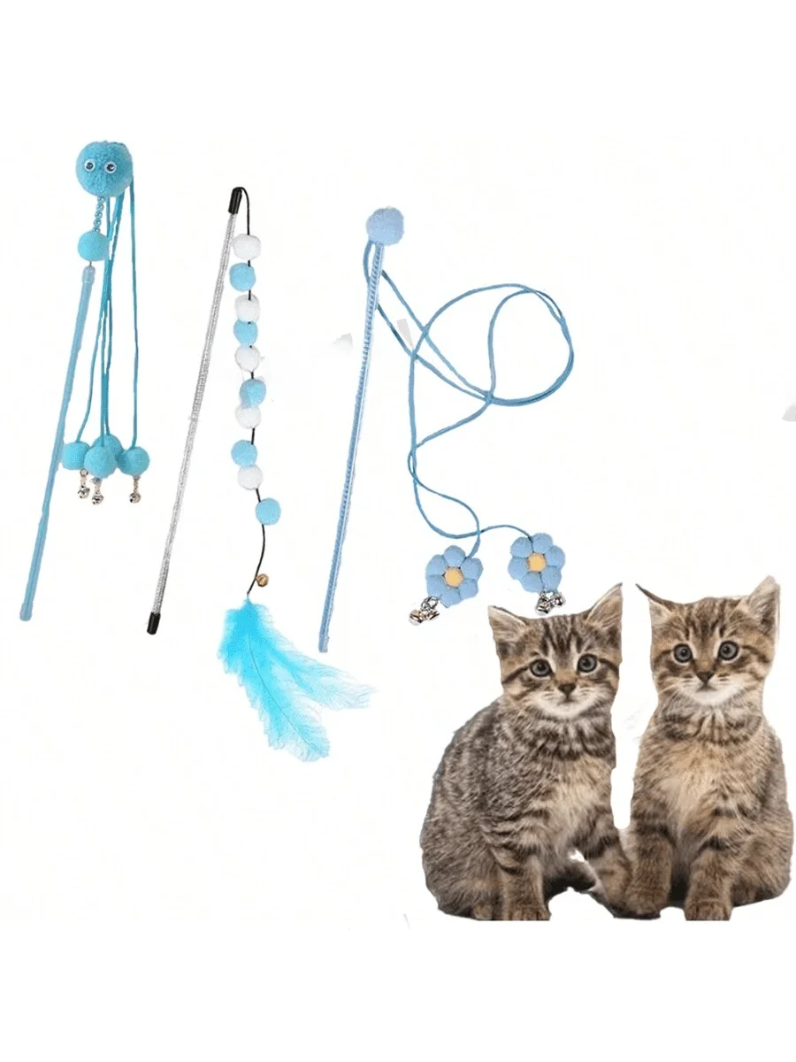 1pc/3pcs Blue Fairy Cat Teaser Wand, Durable Cat Toy, Pet Cat Interactive Supplies