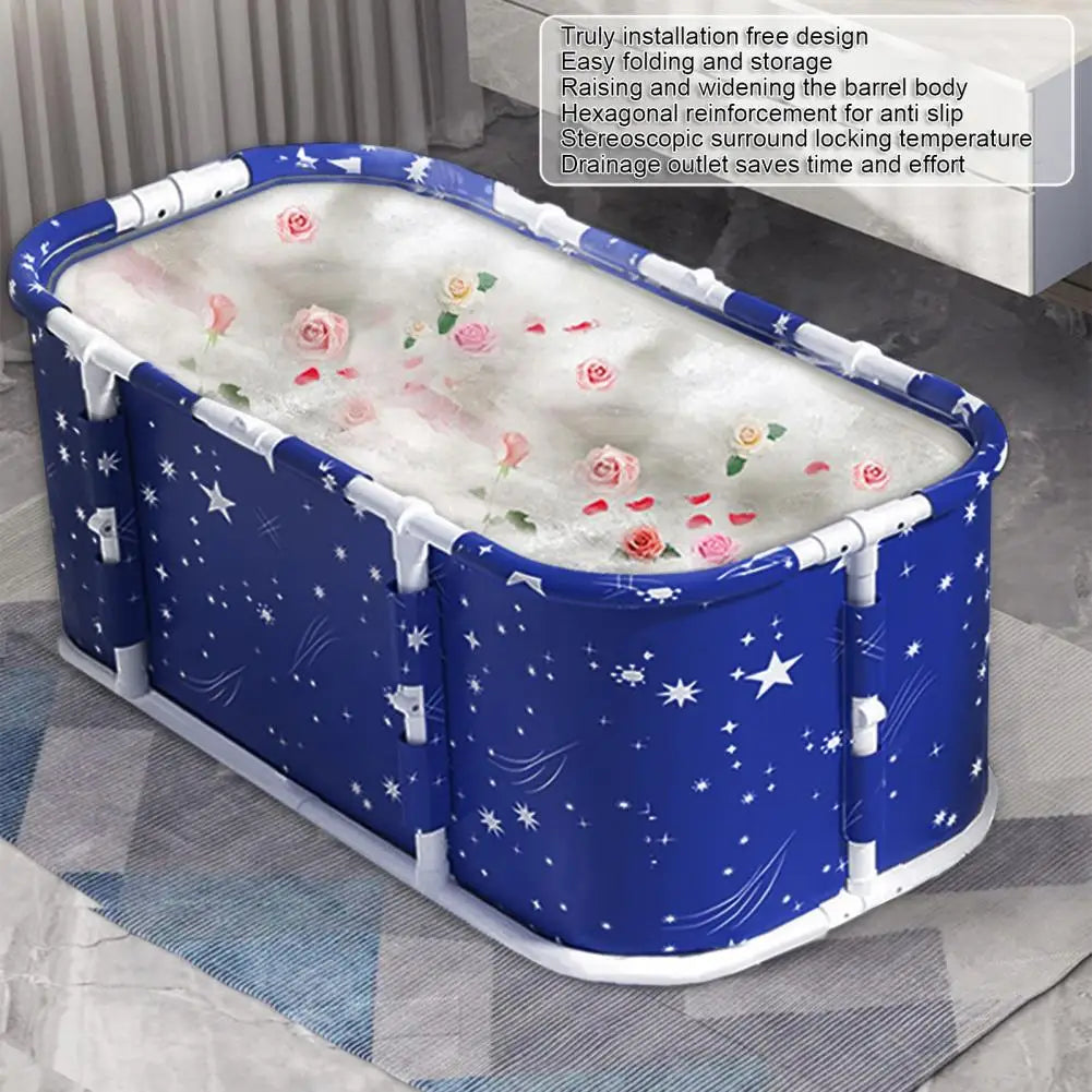Starry Blue Large Foldable Bathtub with Plastic Frame Collapsible Bathtub Family SPA Soaking Tub for Shower