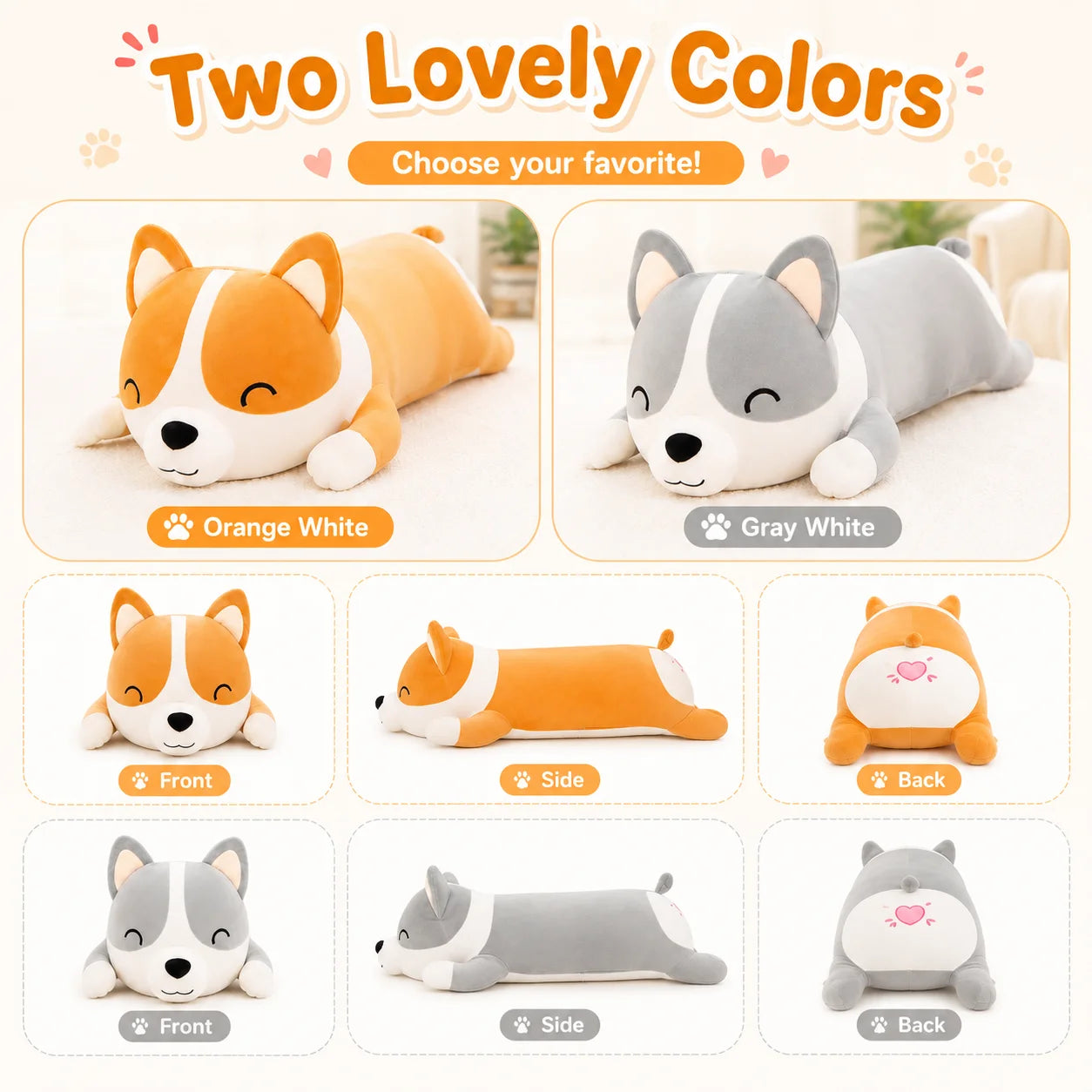 Wholesale 24''/39'' Grey Corgi Plush Pillow Laying Down, Bulk Stuffed Dog with Sassy Face, Soft Kawaii Long Cushion, 2/3/5 Packs for Resellers