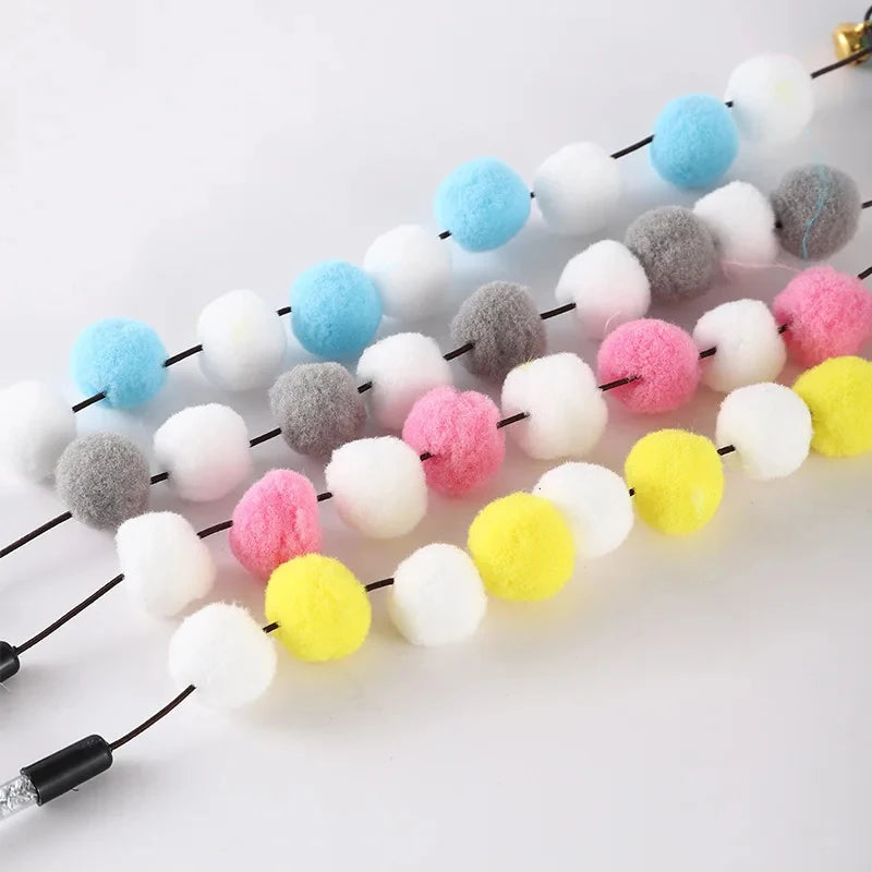 Interactive Cat Toy Pompom Feather Wand Teaser Stick for Indoor Cats Kitten Play Exercise