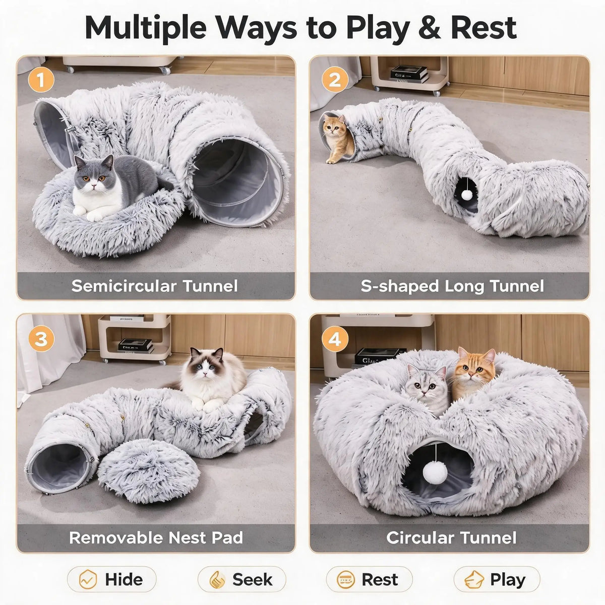 Large Cat Tunnel Bed with 12 Toys, 2-in-1 Donut Plush Cat Cave Tube, Collapsible Grey Cat Tunnel for Indoor Cats, Kitten Play & Rest