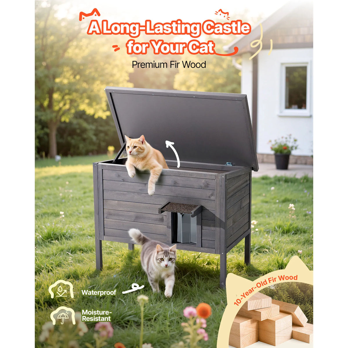 SucceBuy Heated Cat House Insulated Wooden House for Outdoor Cats with Heating Pad Openable Asphalt Roof for 1-3 Cats in Winter