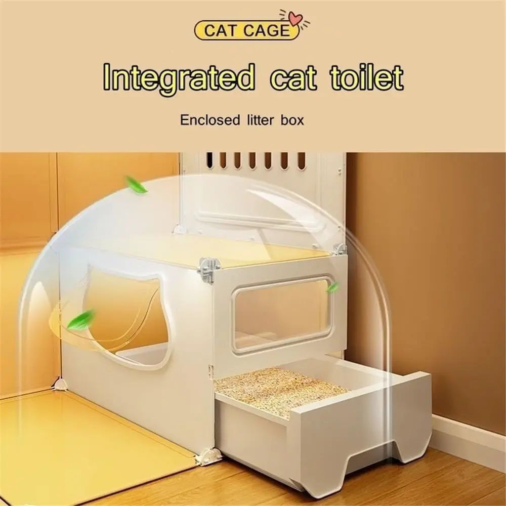 Large Cat Cage Indoor, Cute Cat House with Cat Litter Box, PE Cat Enclosures Indoor with Transparent Door, Pet Cage with Toilet(