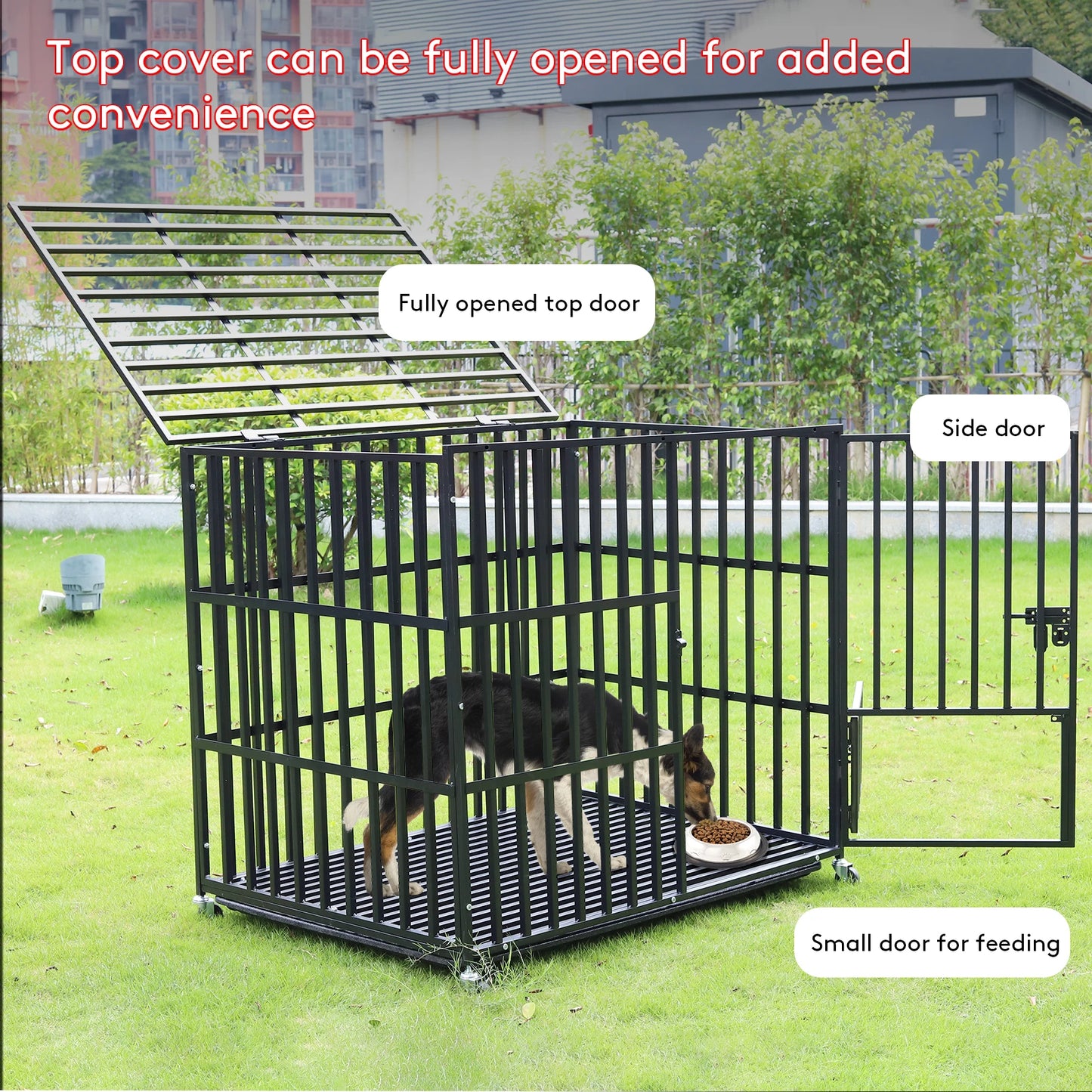 Large Heavy Duty Dog Crate with 4 Lockable Wheels 3 Doors and Tray Metal Pet Kennels Cage Playpen for Medium Large Dogs