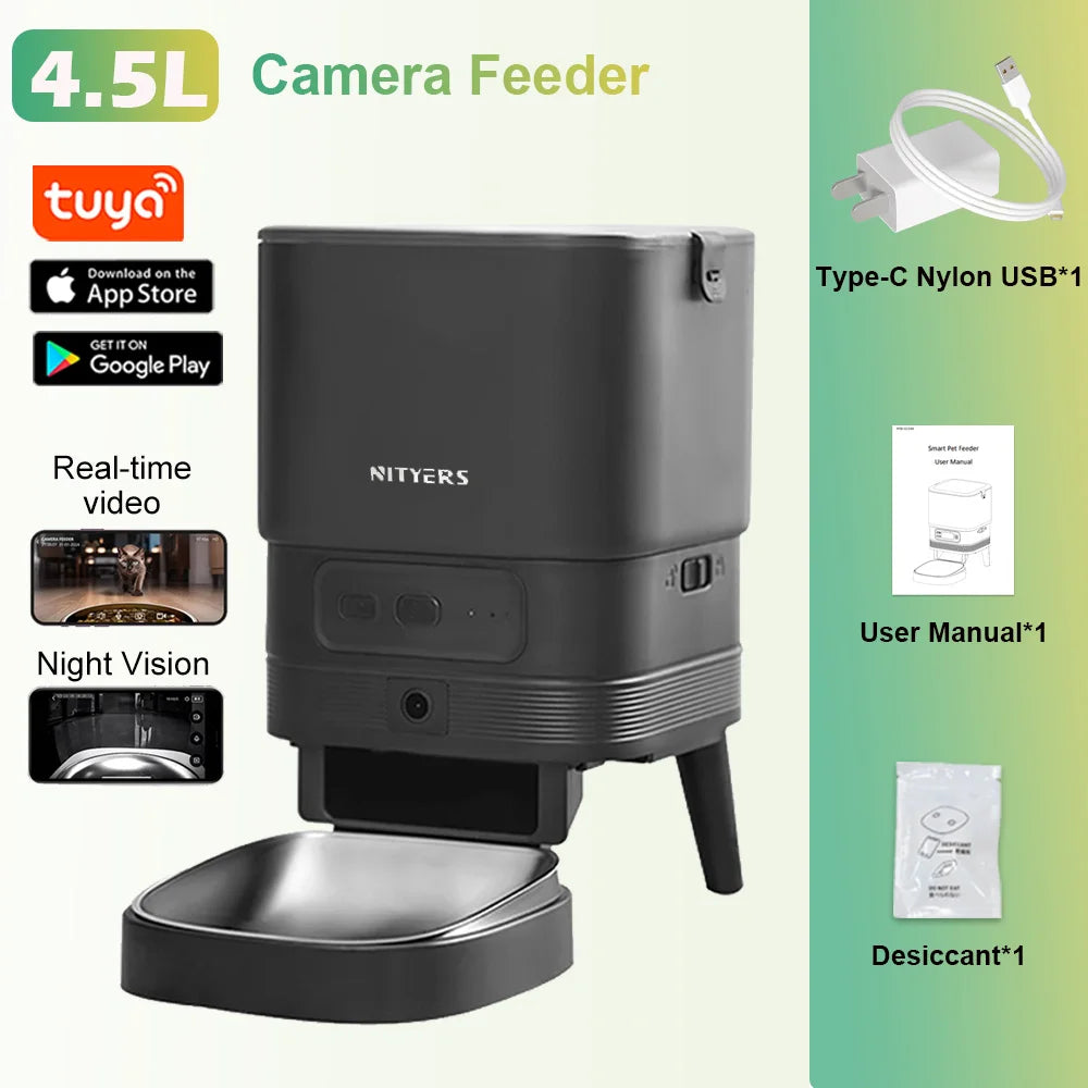 NITYERS 4.5L Smart Automatic Cat Feeder, Tuya App Remote Control Timed Pet Feeder for Cats & Dogs, 2.4G WiFi Dispenser with 10s Voice Recorder, Dual Power & Stainless Steel Bowl