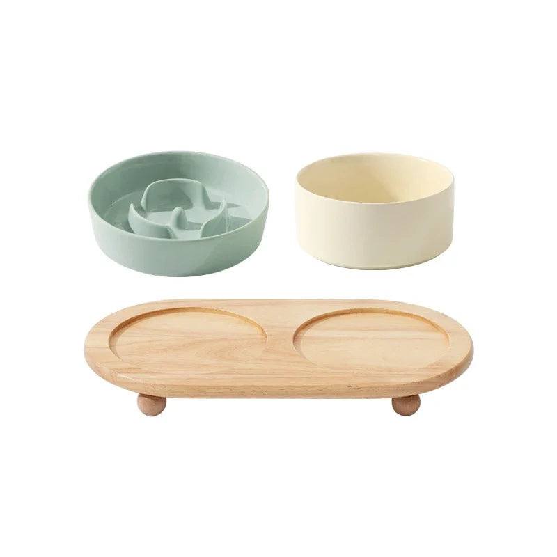 Small Dog Slow Feed Bowl Elevated Cat Drinking Eating Ceramic Bowls with Wooden Stand Pet Anti-Gulping Feeding Food Water Plate