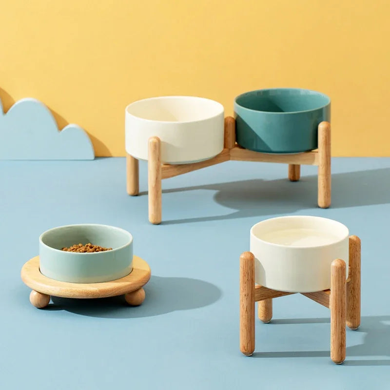 Big Dogs Bowl Double Ceramic Elevated Pet Food Water Bowl Small Medium Large Dog Feeding Supplies with Wooden Stand