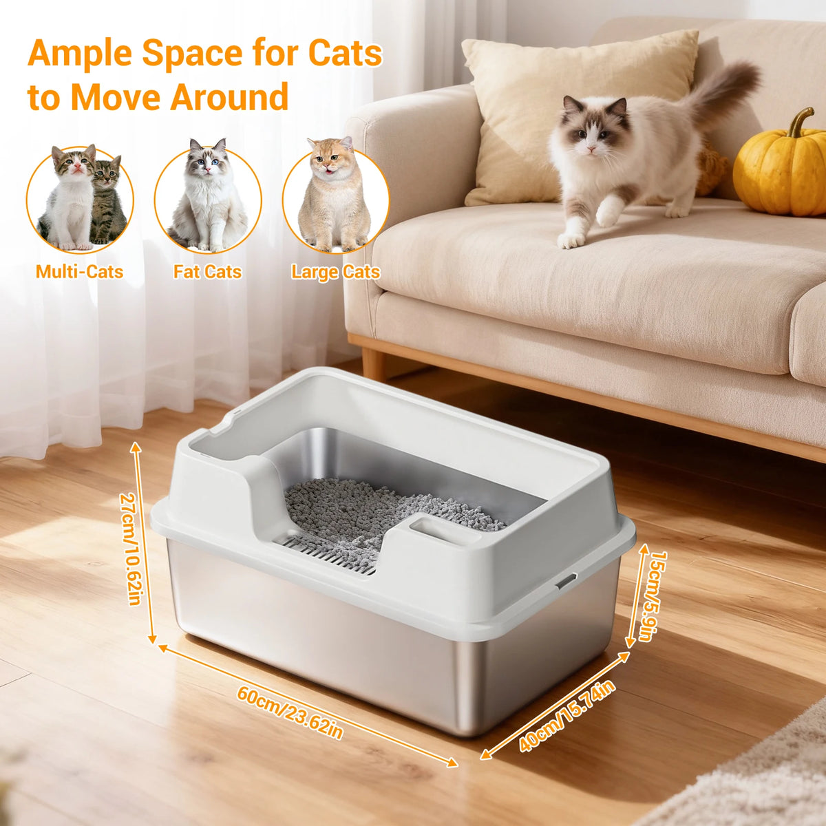 Stainless Steel Cat Litter Box, Semi-Enclosed Cat Litter Tray, Anti-Splash High Sided Cat Litter Box, Non-Sticky, Easy Cleaning