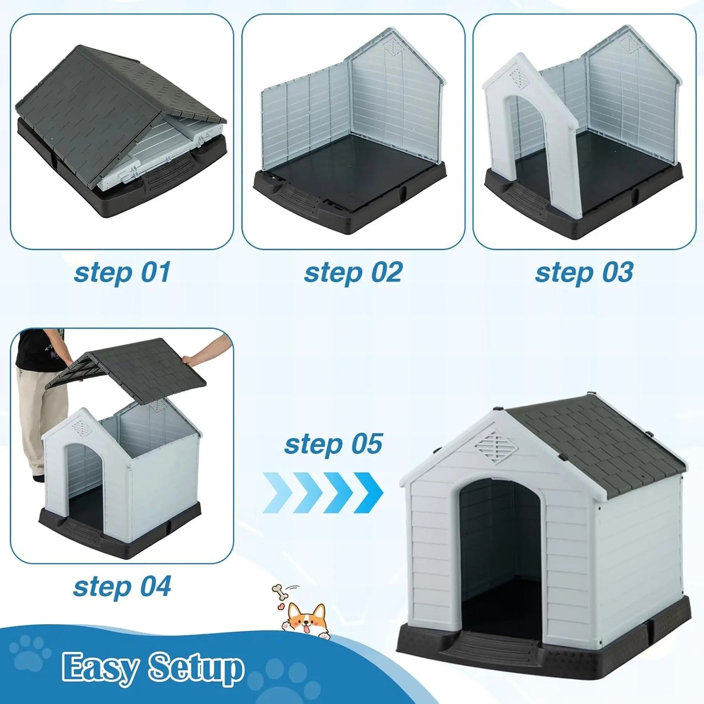 Plastic Dog House Outdoor, Waterproof Indoor Pet House for Small/Medium Pet with Sloping Roof, Air Vents and Elevated Base,