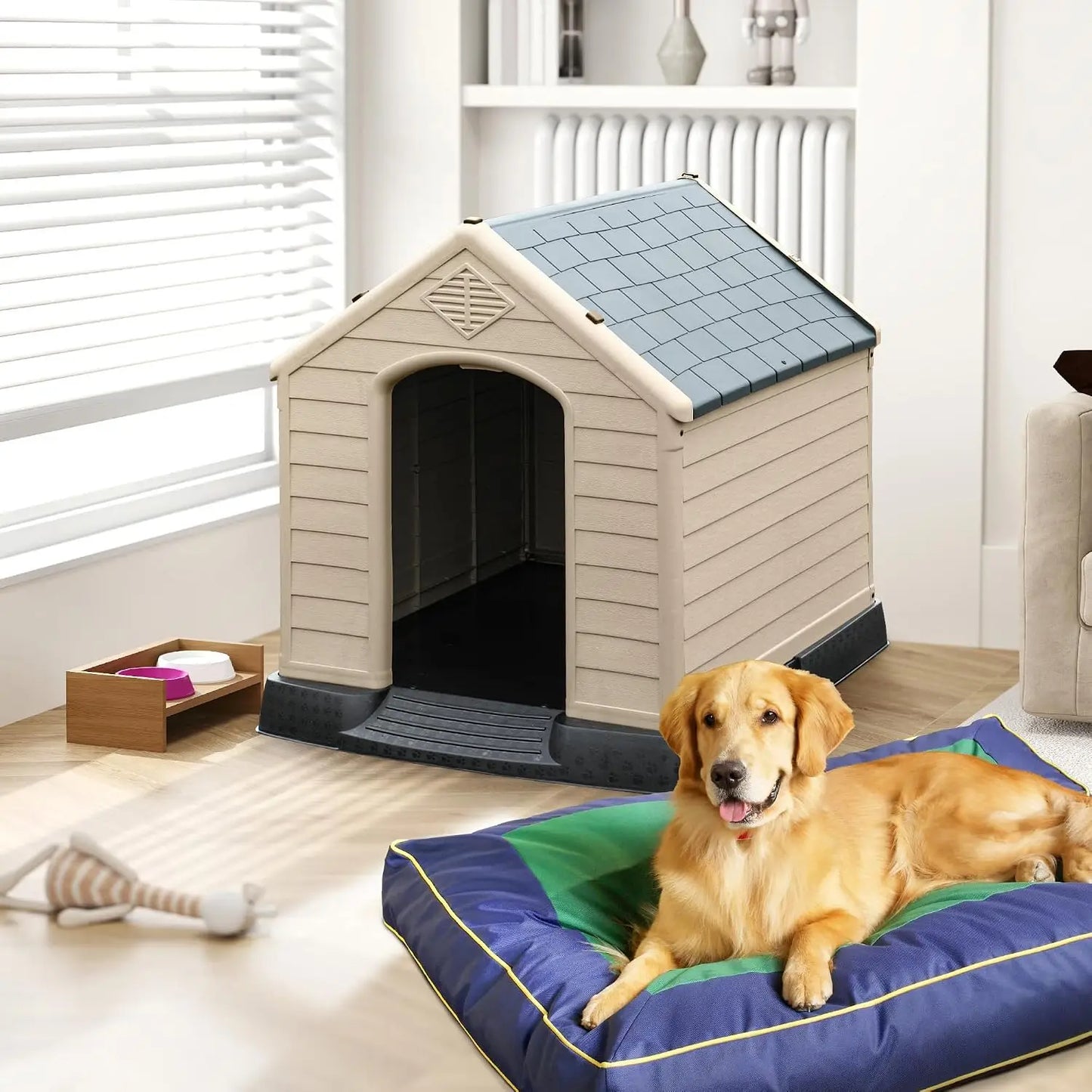 Plastic Dog House, Weatherproof Outdoor/Indoor Doghouse, Puppy Kennel with Air Vents and Elevated Floor