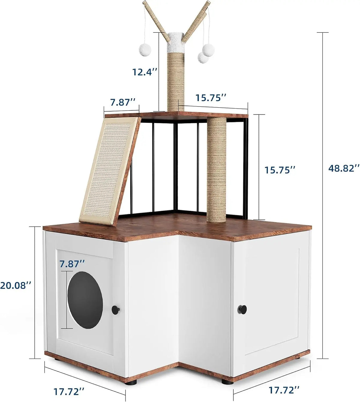 Garvee Wood L-Shaped Cat Corner Shelf Scratching Post & Play Tower 2 in 1 Wood Cat Activity Tree with Hanging Balls, Space-Saving  w/Storage Cabinet