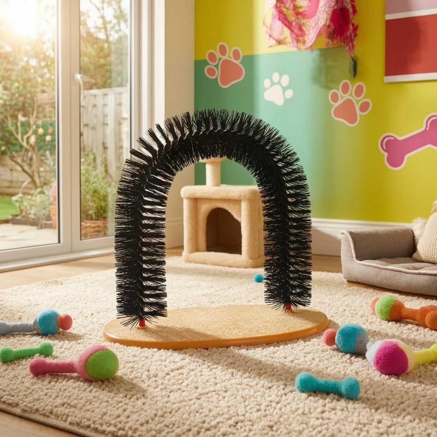 Feline Arch Scratcher Dense Bristles Feline Grooming Arch Bristle Scratcher Orange-Edged Rim Pet Accessory 3 in 1