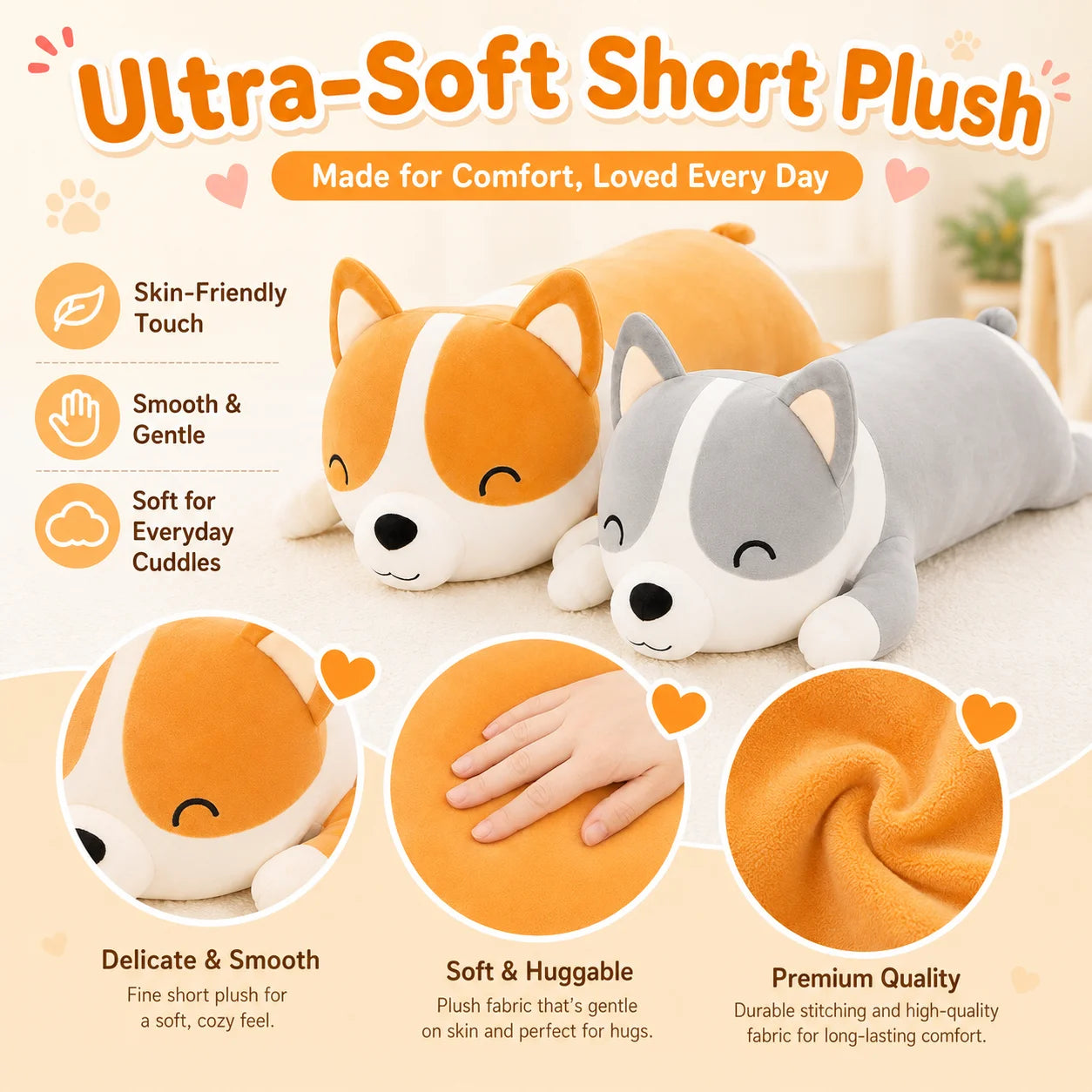 Wholesale 24''/39'' Grey Corgi Plush Pillow Laying Down, Bulk Stuffed Dog with Sassy Face, Soft Kawaii Long Cushion, 2/3/5 Packs for Resellers