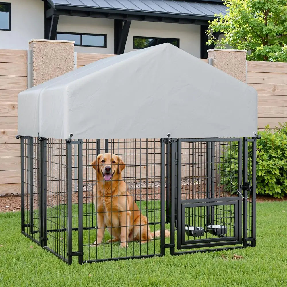 Sturdy Steel Outdoor Dog Kennel with Lockable Door, Weather-Resistant Roof, and Rotating Bowls for Various Dog Sizes