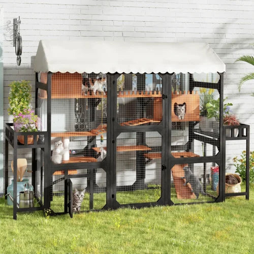 Large Outdoor Cat Enclosure Wooden Catio with Plant Stands, Weather-Resistant Roof, Resting Box & Climbing Ramps, Multi-Level Cat Playpen with Wire Mesh for Backyard Patio, Brown
