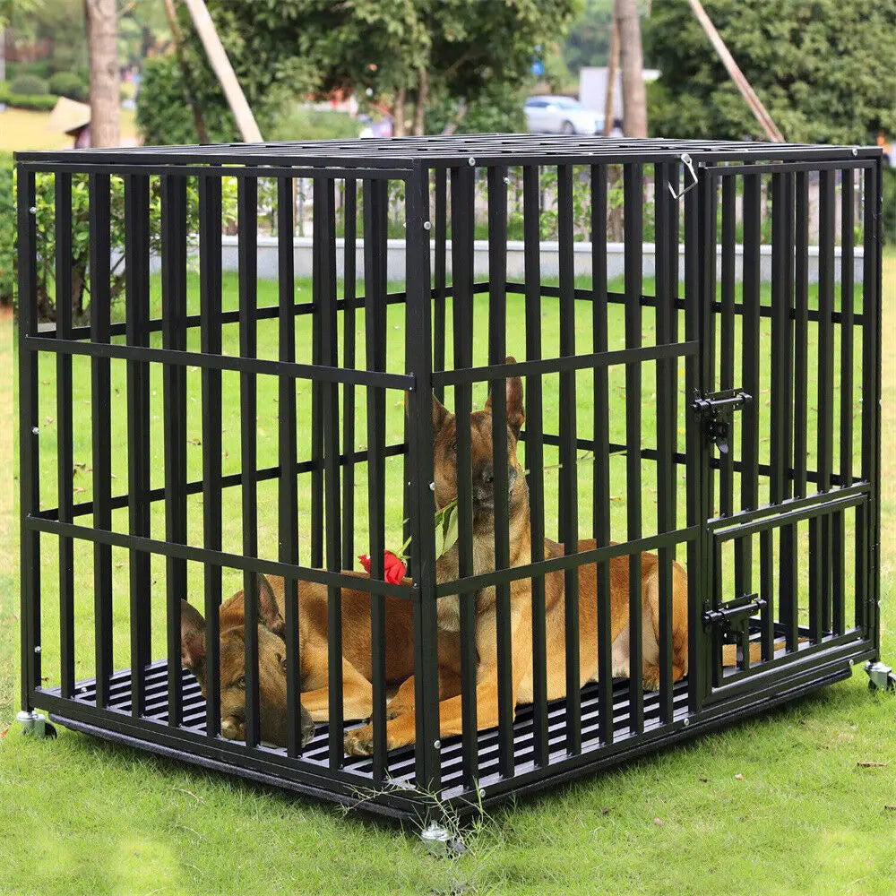 Large Heavy Duty Dog Crate with 4 Lockable Wheels 3 Doors and Tray Metal Pet Kennels Cage Playpen for Medium Large Dogs