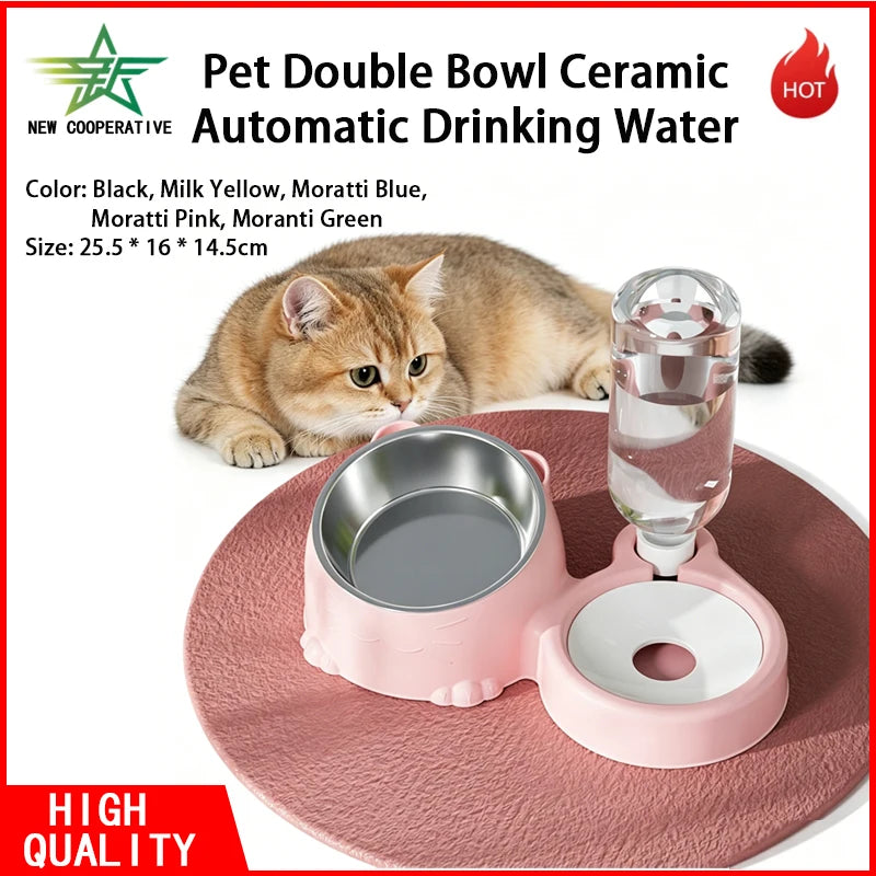 Pet Dual Bowl, Automatic Water Addition, Stainless Steel Feeder, Cat And Dog Bowl, Easy To Clean Pet Supplies