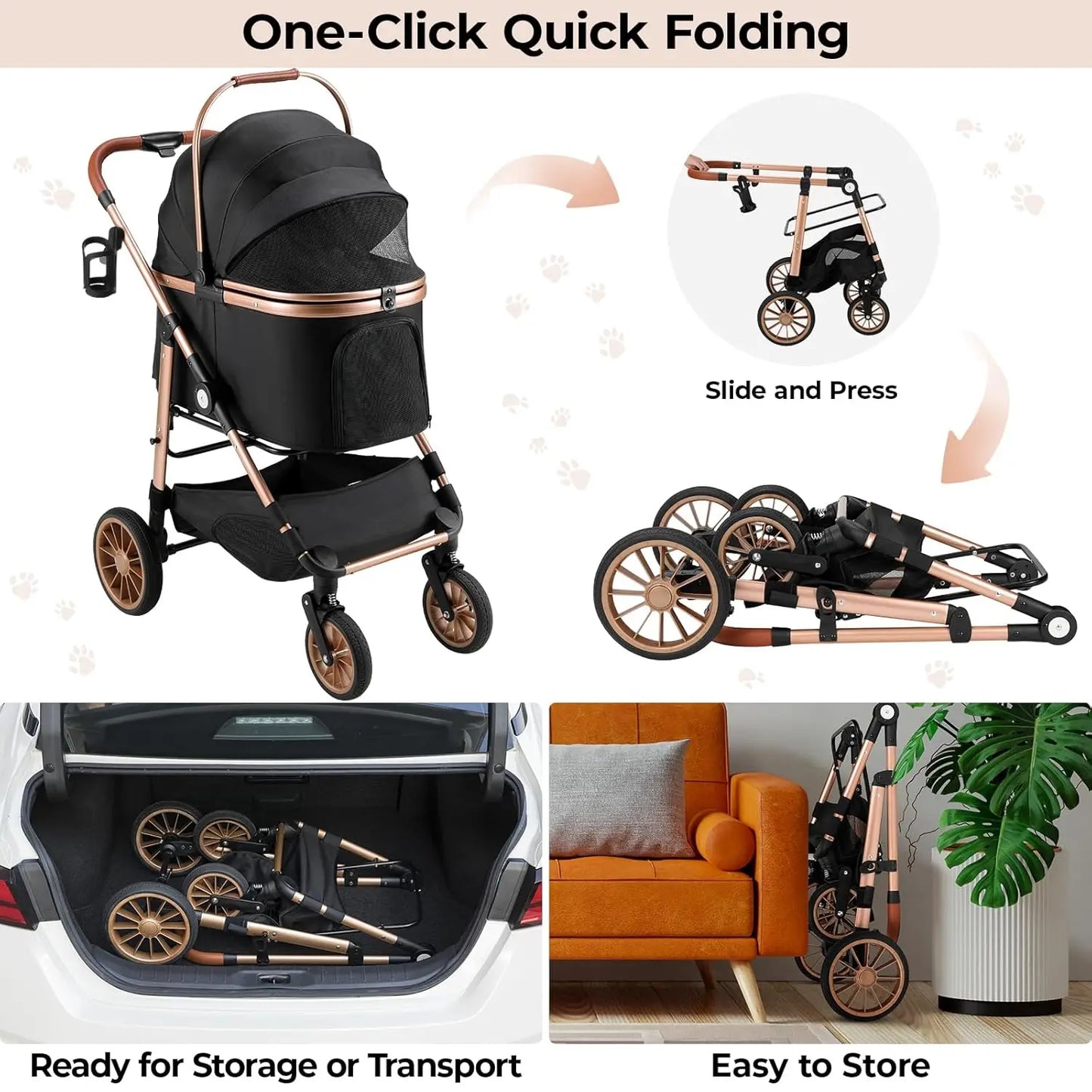 Foldable Pet Stroller for Medium Dog Cat Up to 55 lbs,All-Terrain 3-in-1 Dog Stroller with Carrier,Storage Basket,Cup Holder