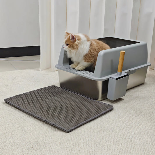 Large Stainless Steel Cat Litter Box High Sided Open Litter Pan with Litter Mat and Scoop for Big Cats Toilets