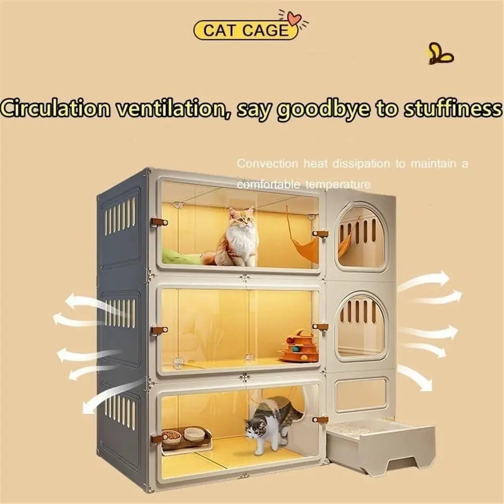 Large Cat Cage Indoor, Cute Cat House with Cat Litter Box, PE Cat Enclosures Indoor with Transparent Door, Pet Cage with Toilet(